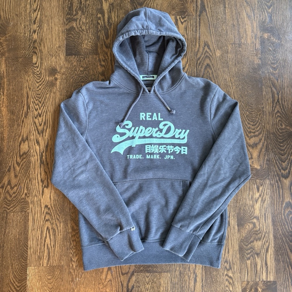 Superdry Japan JPN Vintage Logo Hoodie Mens XXL (L FIT) Gray Teal Real Pullover